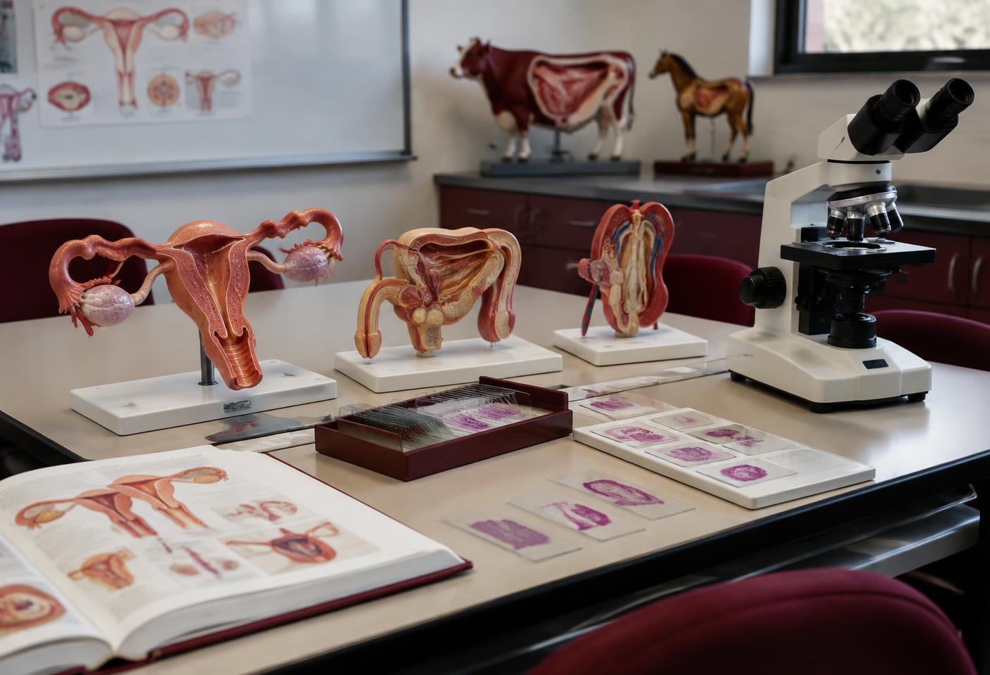 Aula de anatomia veterinária com modelos reprodutivos